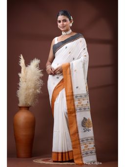 SLAGHA - Women's Ethnic Woven Cotton White Saree with Unstitched Blouse