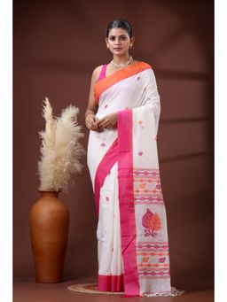 SLAGHA - Women's Ethnic Woven Cotton White Saree with Unstitched Blouse