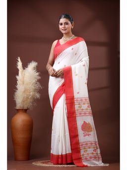 SLAGHA - Women's Ethnic Woven Cotton White Saree with Unstitched Blouse