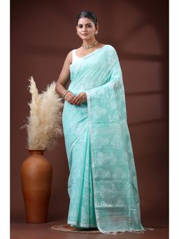 SLAGHA - Women's Woven Handloom Ethnic Cotton Silk Blue Saree with Unstitched Blouse