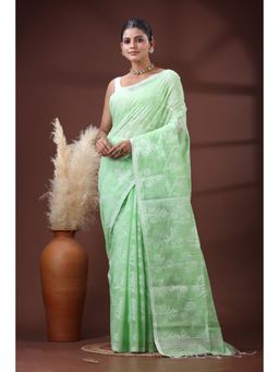 SLAGHA - Women's Woven Handloom Ethnic Cotton Silk Green Saree with Unstitched Blouse