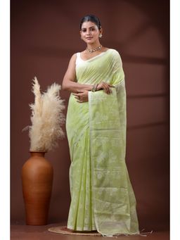 SLAGHA - Women's Woven Handloom Ethnic Cotton Silk Green Saree with Unstitched Blouse