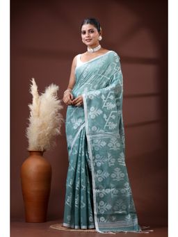 SLAGHA - Women's Woven Handloom Ethnic Cotton Silk Green Saree with Unstitched Blouse