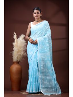 SLAGHA - Women's Woven Handloom Ethnic Cotton Silk Blue Saree with Unstitched Blouse