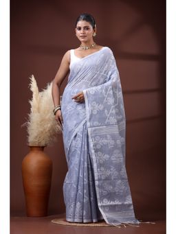SLAGHA - Women's Woven Handloom Ethnic Cotton Silk Grey Saree with Unstitched Blouse