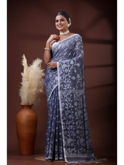 SLAGHA - Women's Woven Handloom Ethnic Cotton Silk Navy Blue Saree with Unstitched Blouse
