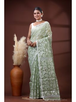 SLAGHA - Women's Woven Handloom Ethnic Cotton Silk Green Saree with Unstitched Blouse