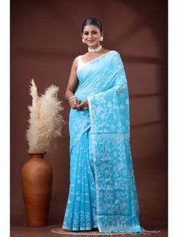 SLAGHA - Women's Woven Handloom Ethnic Cotton Silk Blue Saree with Unstitched Blouse