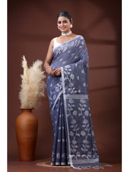 SLAGHA - Women's Woven Handloom Ethnic Cotton Silk Grey Saree with Unstitched Blouse