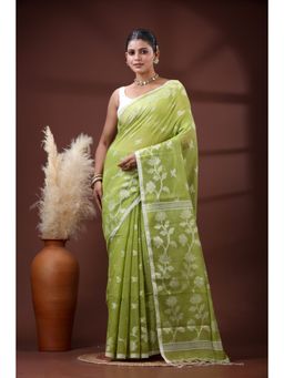 SLAGHA - Women's Woven Handloom Ethnic Cotton Silk Green Saree with Unstitched Blouse