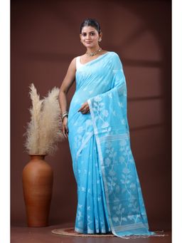 SLAGHA - Women's Woven Handloom Ethnic Cotton Silk Blue Saree with Unstitched Blouse