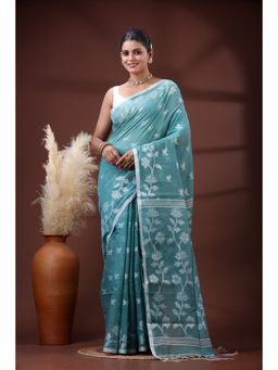 SLAGHA - Women's Woven Handloom Ethnic Cotton Silk Teal Saree with Unstitched Blouse