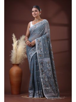 SLAGHA - Women's Woven Handloom Ethnic Cotton Silk Grey Saree with Unstitched Blouse