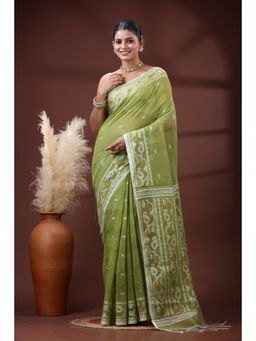 SLAGHA - Women's Woven Handloom Ethnic Cotton Silk Green Saree with Unstitched Blouse