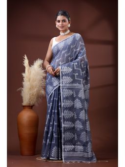SLAGHA - Women's Woven Handloom Ethnic Cotton Silk Grey Saree with Unstitched Blouse