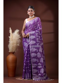 SLAGHA - Women's Woven Handloom Ethnic Cotton Silk Purple Saree with Unstitched Blouse
