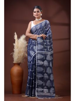 SLAGHA - Women's Woven Handloom Ethnic Cotton Silk Navy Blue Saree with Unstitched Blouse