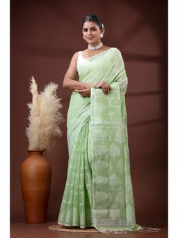 SLAGHA - Women's Woven Handloom Ethnic Cotton Silk Green Saree with Unstitched Blouse