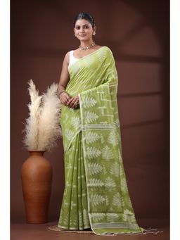 SLAGHA - Women's Woven Handloom Ethnic Cotton Silk Green Saree with Unstitched Blouse
