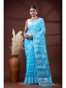 SLAGHA - Women's Woven Handloom Ethnic Cotton Silk Blue Saree with Unstitched Blouse