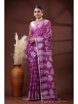 SLAGHA - Women's Woven Handloom Ethnic Cotton Silk Purple Saree with Unstitched Blouse