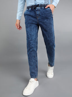 Urbano Fashion - Men Dark Blue Regular Fit Washed Jogger Jeans Stretchable