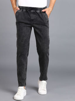 Urbano Fashion - Men Jet Black Regular Fit Washed Jogger Jeans Stretchable