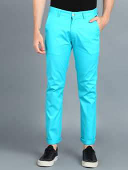 Urbano Fashion - Men Aqua Blue Cotton Slim Fit Casual Chinos Trousers
