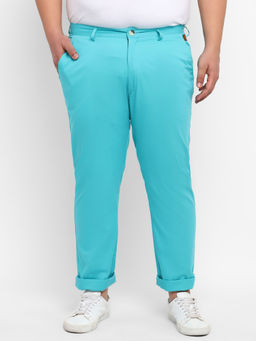Urbano Plus - Men Aqua Blue Cotton Regular Fit Casual Chinos Trousers