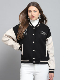 Rock.it - Women Printed Black Band Neck Full Sleeve Jacket