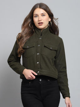 Rock.it - Women Solid Olive Collar Neck Full Sleeve Jacket