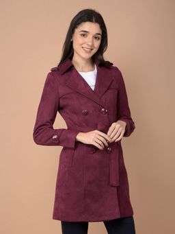 CRIMSOUNE CLUB - Women Wine Double-Breasted Overcoat with Belt (Set of 2)