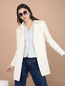 CRIMSOUNE CLUB - Women Cream Mid-Thigh Length Double-Breasted Overcoat