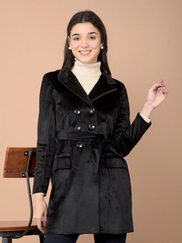 CRIMSOUNE CLUB - Women Black Double-Breasted Overcoat with Belt (Set of 2)