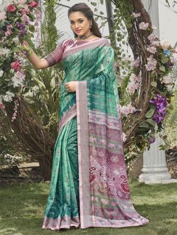 Odette - Womens Soft Silk Sea Green Printed Saree with Unstitched Blouse