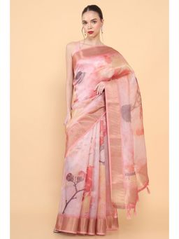 Soch - Women Peach Organza Floral Saree with Unstitched Blouse