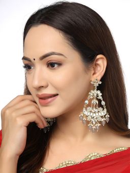 Yellow Chimes - Gold Toned Kundan Studded Traditional Grey Beads Long Dangler Earrings