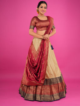 Odette - Fuchsia Banarasi Semi Stitched Bridal Lehenga With Unstitched Blouse & Dupatta (Set of 3)