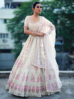 Odette - Off-White Soft Net Semi Stitched Classic Lehenga With Unstitched Blouse & Dupatta (Set of 3)