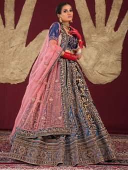 Odette - Blue Velvet Semi Stitched Bridal Lehenga With Unstitched Blouse & Dupatta (Set of 3)