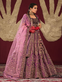 Odette - Purple Velvet Semi Stitched Bridal Lehenga With Unstitched Blouse & Dupatta (Set of 3)