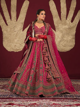 Odette - Pink Velvet Semi Stitched Bridal Lehenga With Unstitched Blouse & Dupatta (Set of 3)