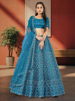 Odette - Teal Soft Net Semi Stitched Bridal Lehenga With Unstitched Blouse & Dupatta (Set of 3)