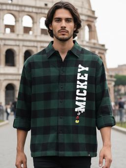 Bewakoof - Official Disney Men's Green & Black Hang Checked Oversized Shirt