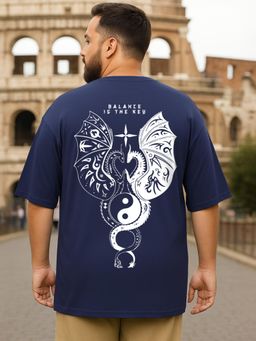 Bewakoof - Men's Blue Seek Balance Graphic Printed Oversized Plus Size T-shirt