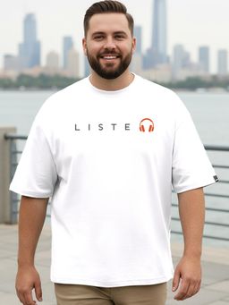 Bewakoof - Men's White Keep Listening Graphic Printed Oversized Plus Size T-shirt