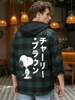 Bewakoof - Peanuts Men'S Green Snoopy Checked Oversized Hooded Shirt