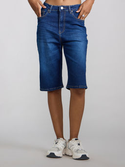 MIXT by Nykaa Fashion - Blue Washed Mid Waist Knee Length Straight Denim Shorts