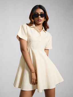 MIXT by Nykaa Fashion - Off White Solid Collar Neck Fit and Flare Mini Dress