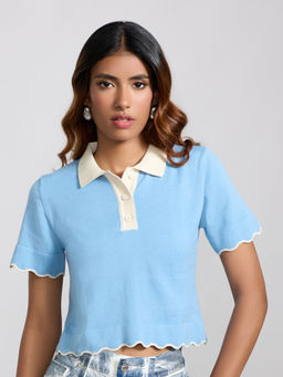 MIXT by Nykaa Fashion - Baby Blue Colorblock Collar Neck Top
